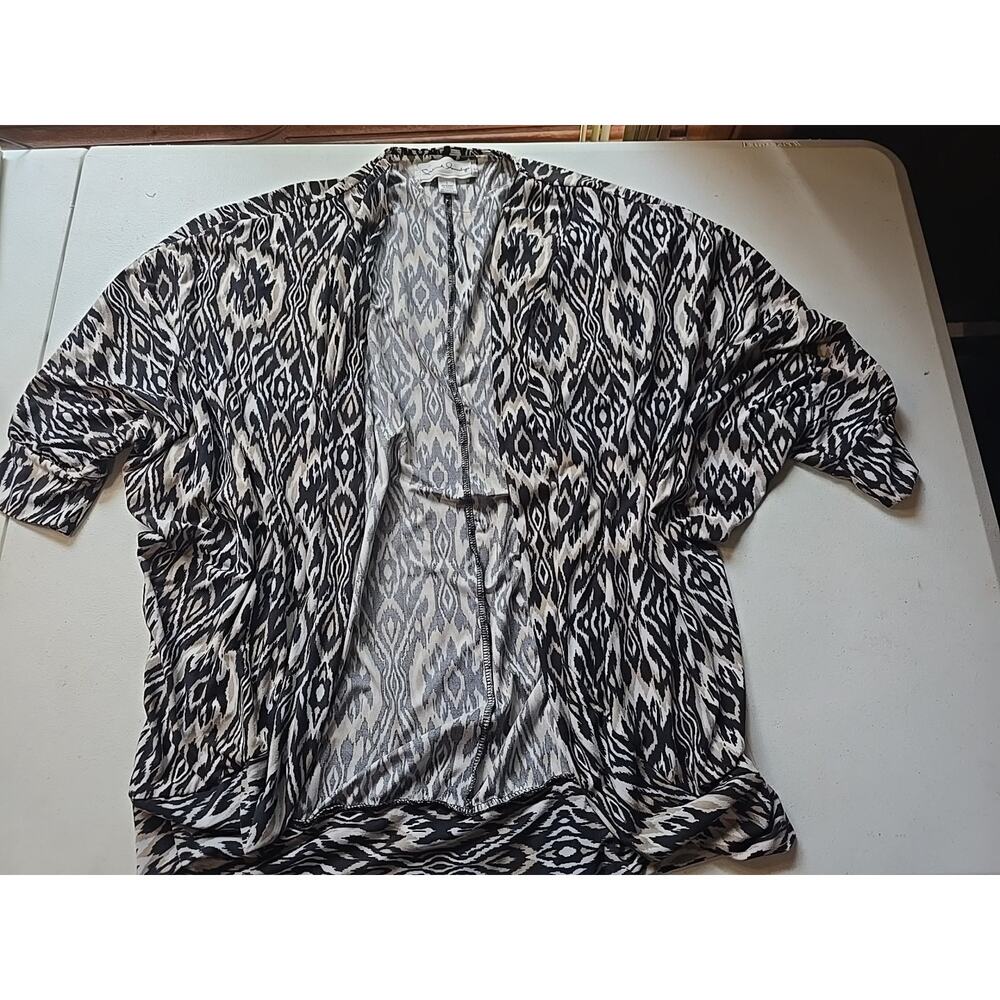 French Laundry Large L Cardigan Aztec Black Geometric 3/4 Sleeve Open Stretch